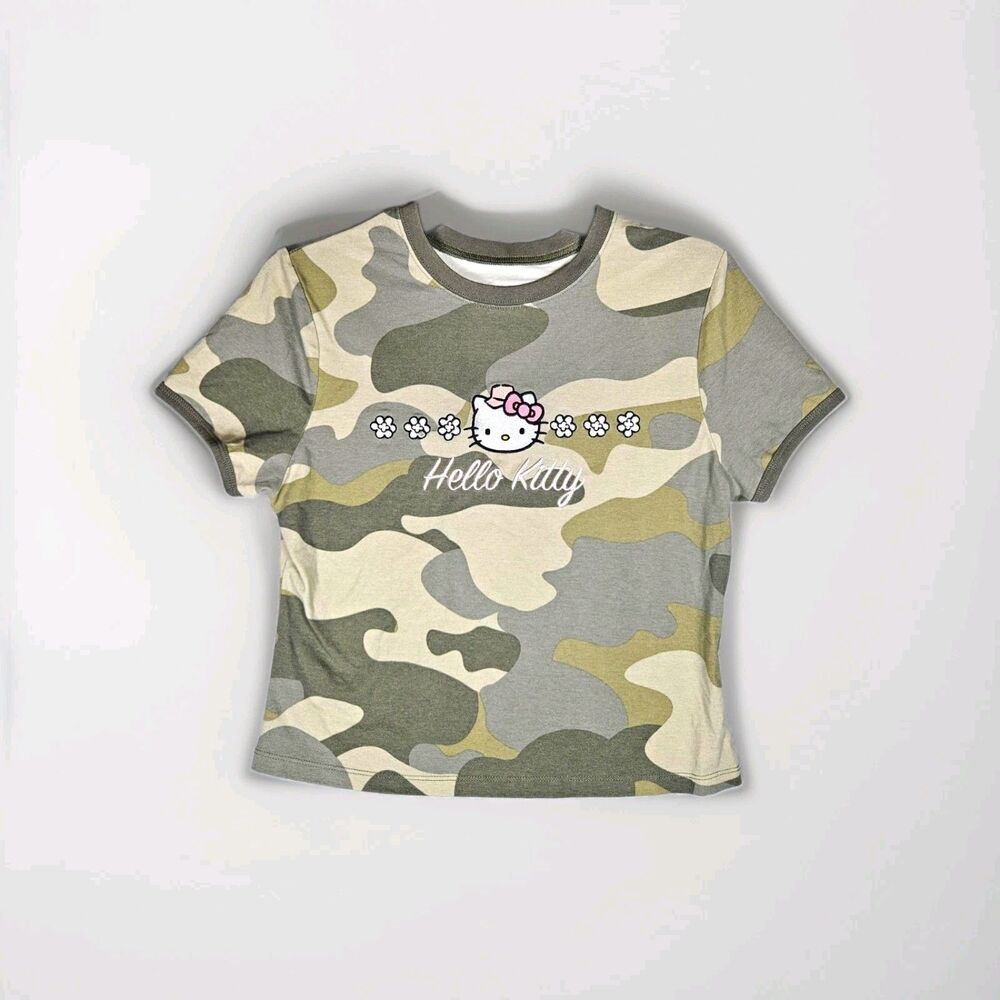 Hello Kitty by Sanrio Camo Cropped Baby Tee Crew Neck Tee Embroidered Women L